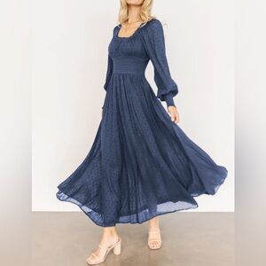 Smocked Waist Navy Maxi Dress with Puff Sleeves